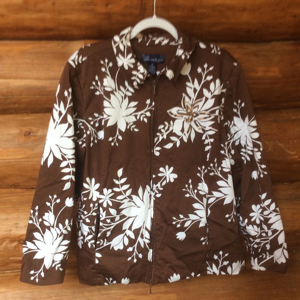 Susan Graver Brown & White Beaded Floral Jacket Size 1X